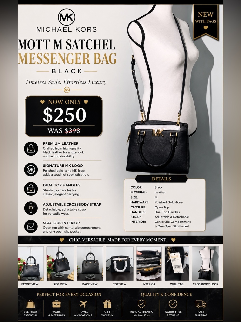 Michael Kors Mott M Satchel Messenger Bag Black